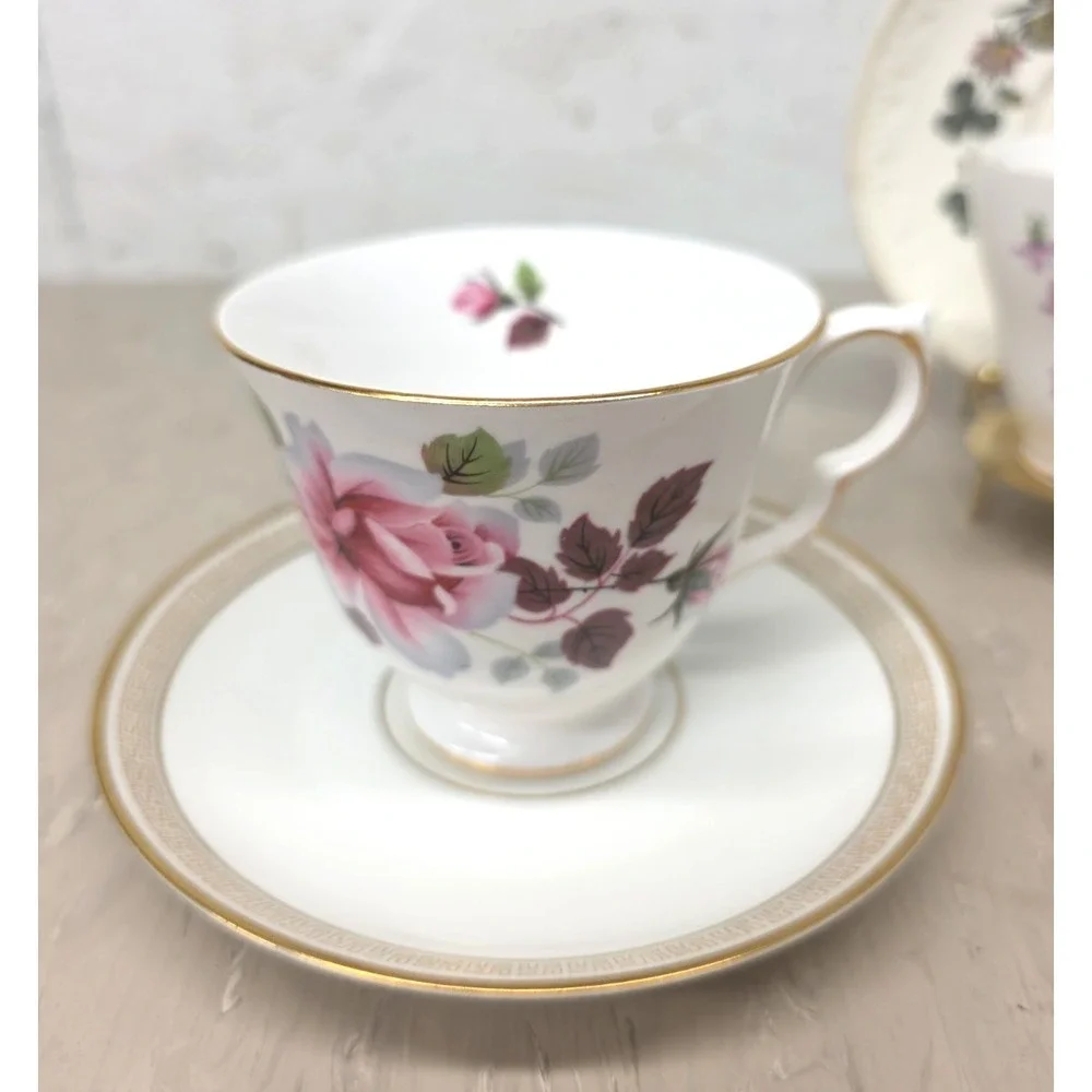 Mismatch Vtg Tea Set for 2 English Bone China Violets Roses Floral Cottagecore